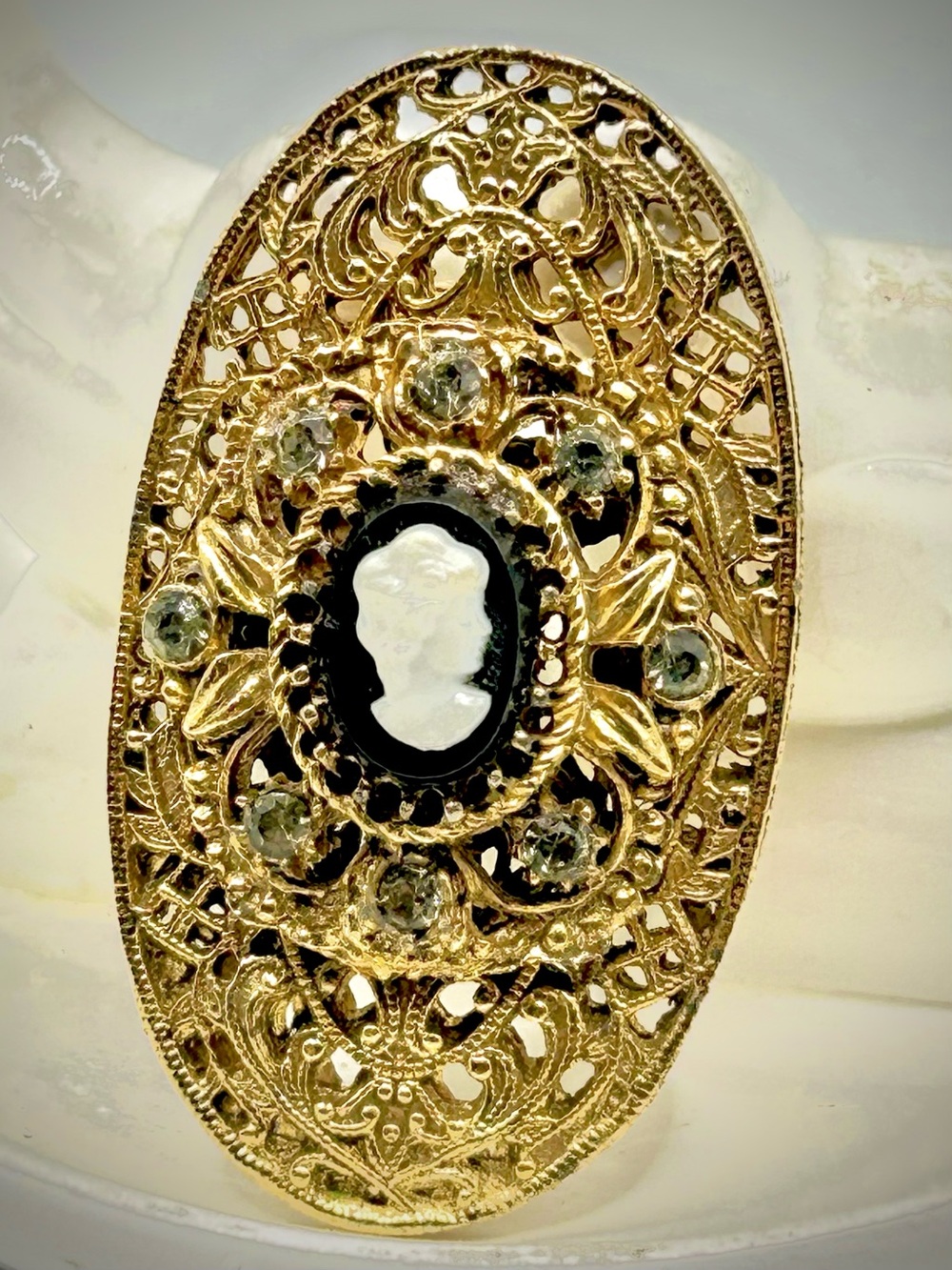Estate Sale Vintage Rhinestone Cameo Art Deco Victorian Statement Brooch